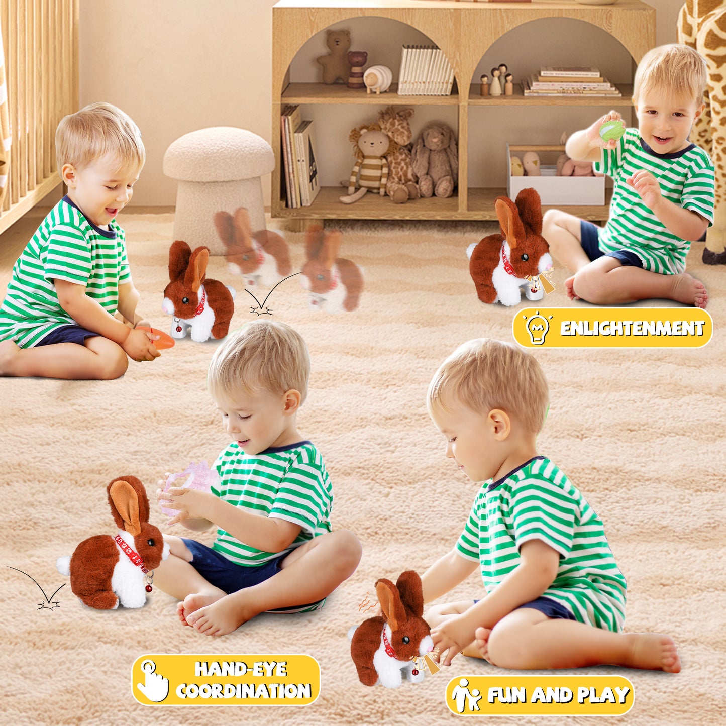 Stuffed Bunny Toys for Kids with Fruit and Vegetable Toys, Hopping Toy Rabbit that Wiggling Ears and Nose, Electronic Bunny Stuffed Animal, Perfect Birthdays, Christmas and Easter Gifts for Kids 3-7