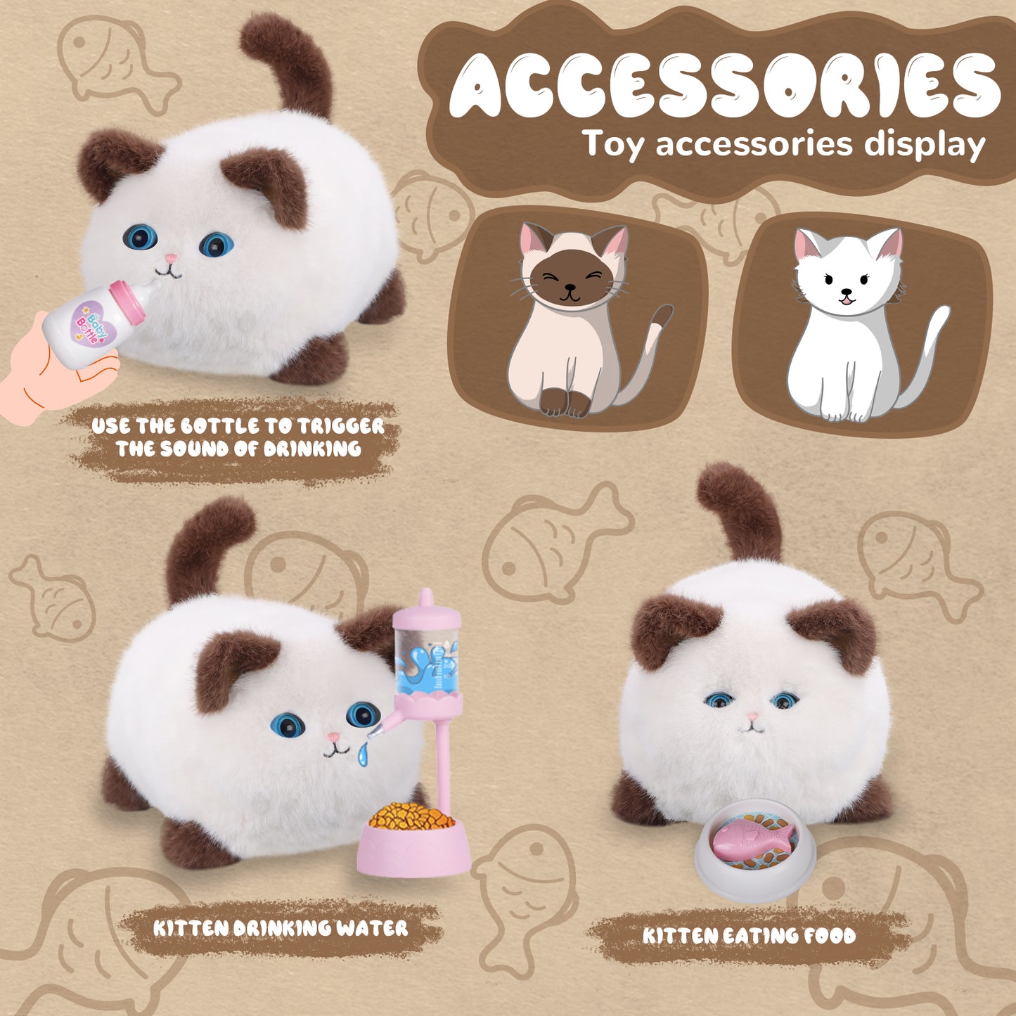 Interactive Cat Toys for Kids Aged 3-7, Plush Toy Cat That Meows, Blink and Talk, Children's Toy Pet Cat with Pet Waterer, Milk Bottle and Pet Bowl, Creative for Boys and Girls