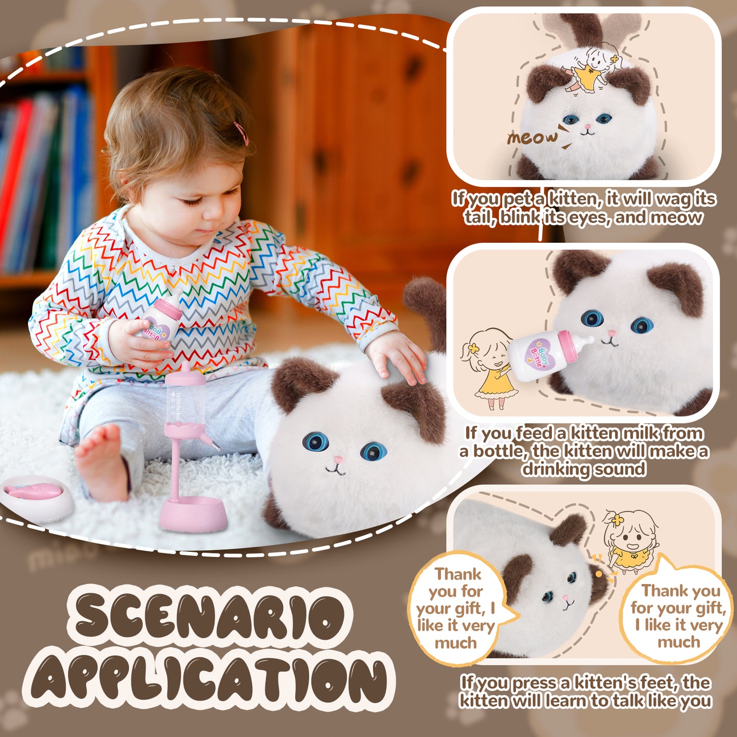 Interactive Cat Toys for Kids Aged 3-7, Plush Toy Cat That Meows, Blink and Talk, Children's Toy Pet Cat with Pet Waterer, Milk Bottle and Pet Bowl, Creative for Boys and Girls