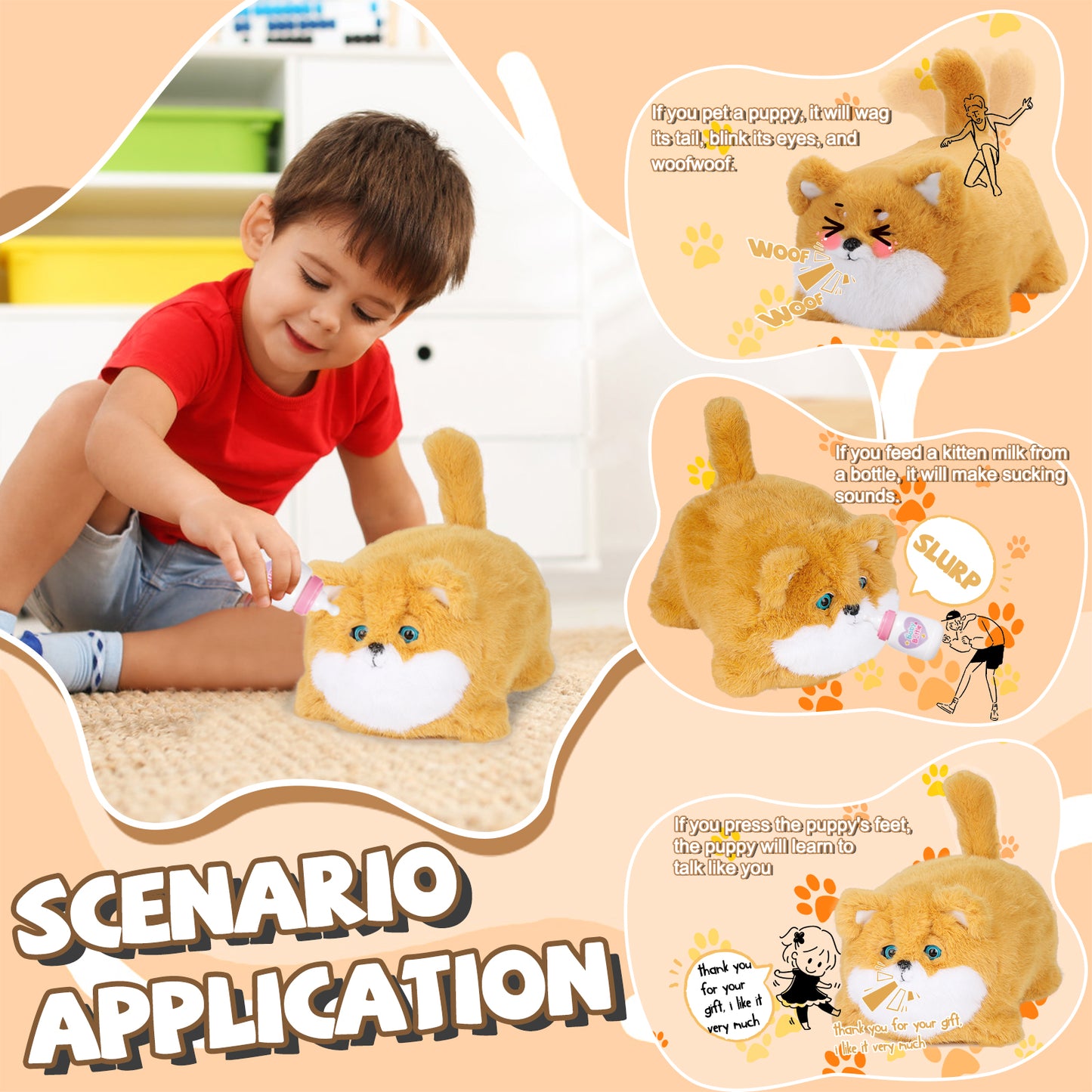 Interactive Dog Toys for Kids 3-7, Plush Toy Dogs That Barks, Blink and Talk, Children's Toy Puppy with Pet Waterer, Milk Bottle and Pet Bowl, Creative for Boys and Girls