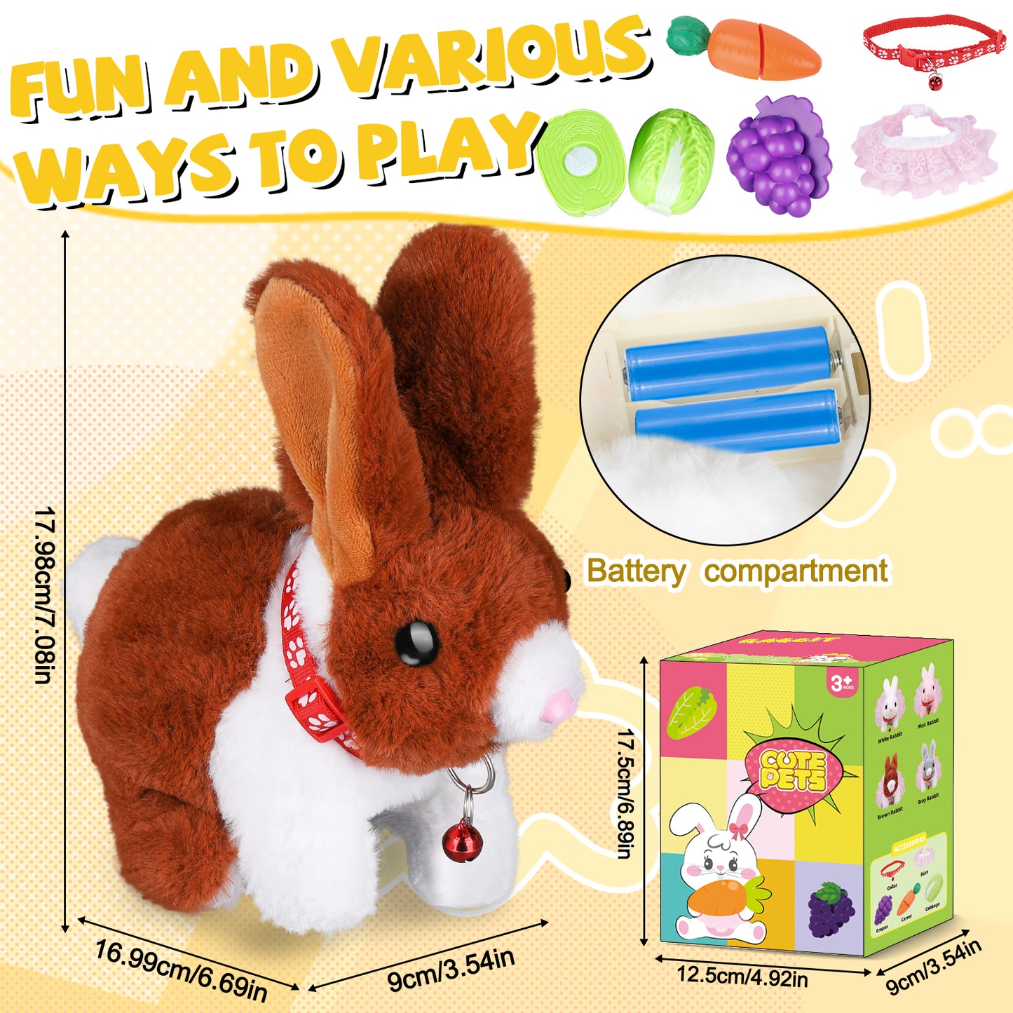 Stuffed Bunny Toys for Kids with Fruit and Vegetable Toys, Hopping Toy Rabbit that Wiggling Ears and Nose, Electronic Bunny Stuffed Animal, Perfect Birthdays, Christmas and Easter Gifts for Kids 3-7