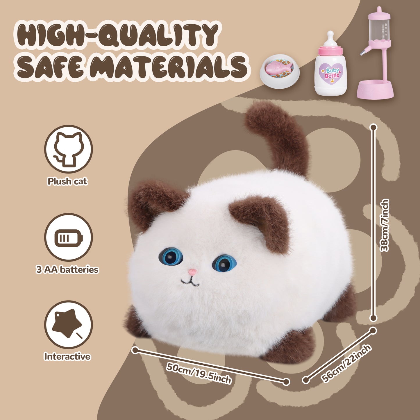Interactive Cat Toys for Kids Aged 3-7, Plush Toy Cat That Meows, Blink and Talk, Children's Toy Pet Cat with Pet Waterer, Milk Bottle and Pet Bowl, Creative for Boys and Girls