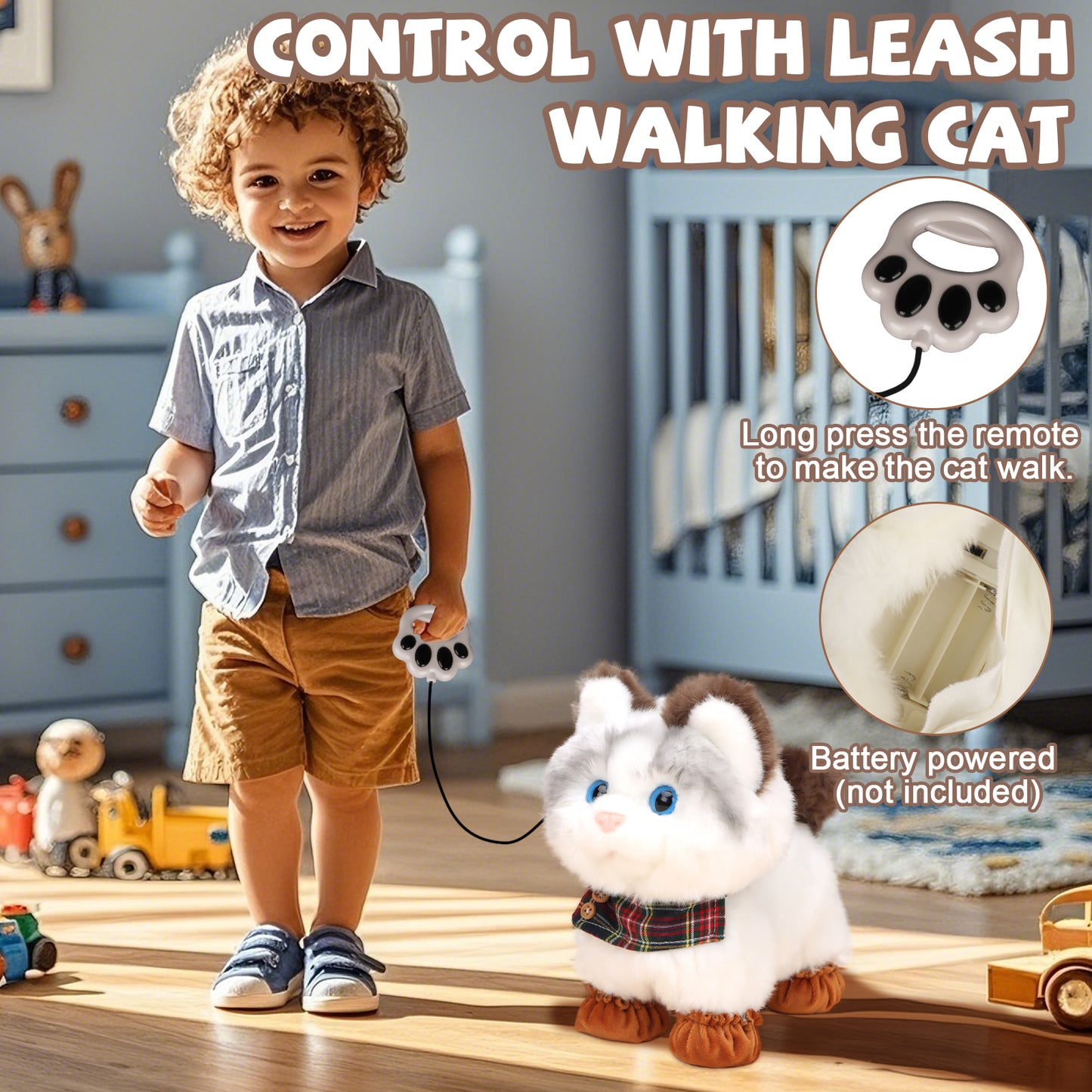 Walking Cat Toys for Kids with Leash, Plush Toy Cat That Walks and Meows, Interactive Cat Toy for Kids Aged 3-7, Best Birthday, Children's Day for Girls and Boys
