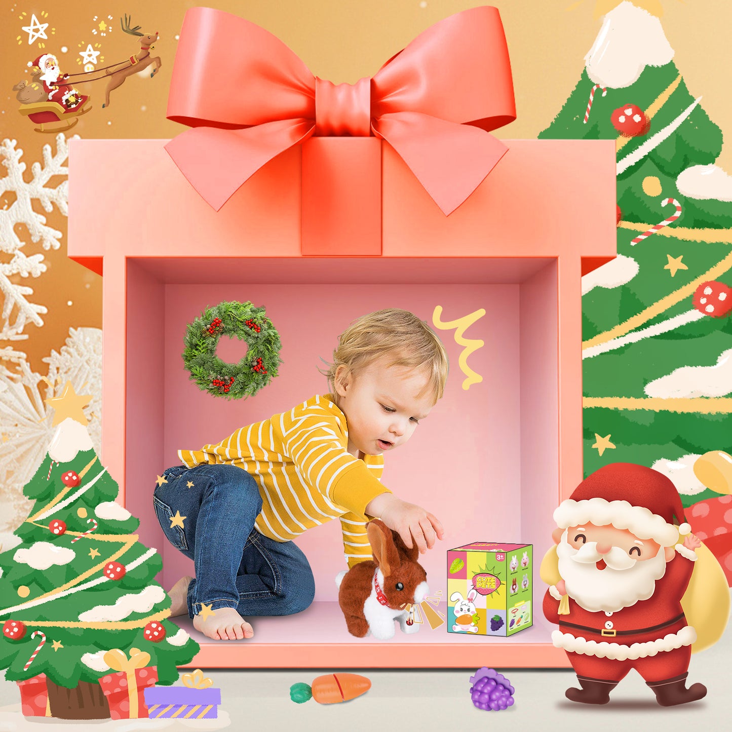 Stuffed Bunny Toys for Kids with Fruit and Vegetable Toys, Hopping Toy Rabbit that Wiggling Ears and Nose, Electronic Bunny Stuffed Animal, Perfect Birthdays, Christmas and Easter Gifts for Kids 3-7