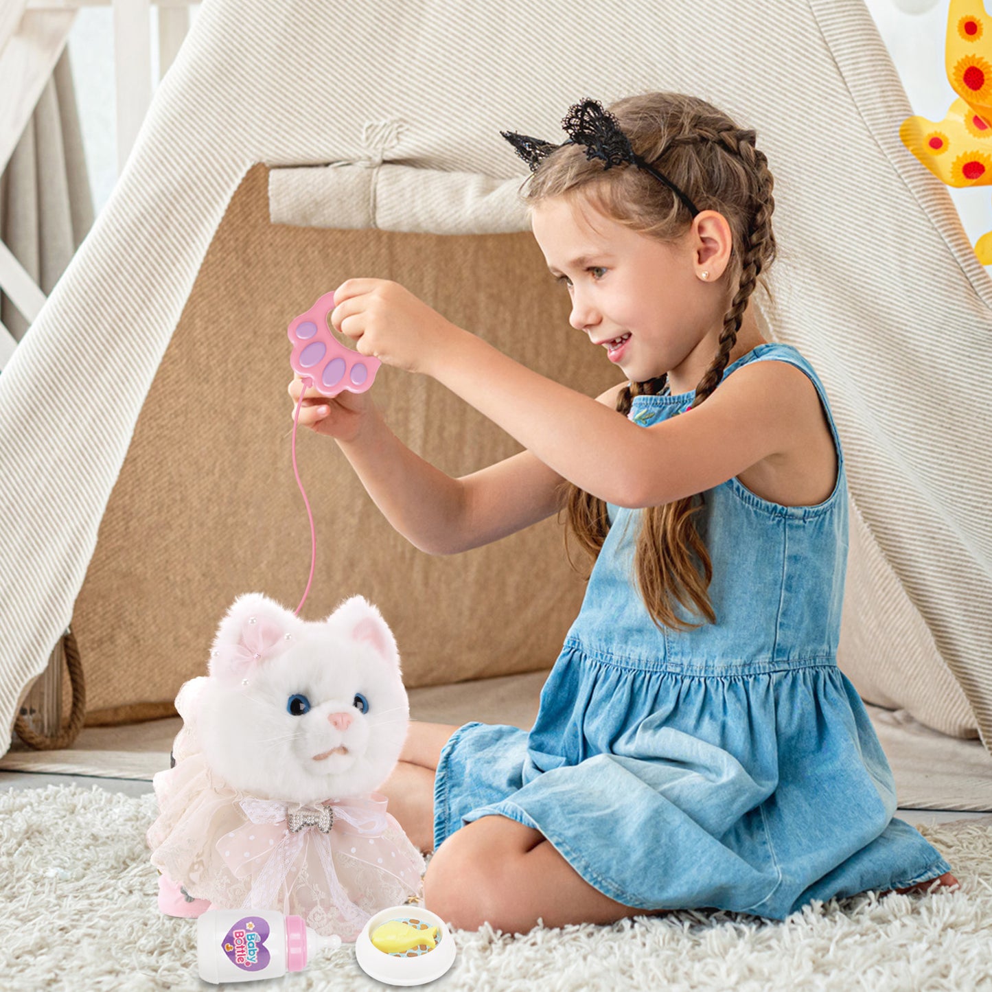 2025 Newly Toy Cat for Kids, Touch and Voice Controlled Remote Control Cat with Leash, Walking Cat Toy That Can Walk, Meow, and Wag Tail, Best Gift for Boys and Girls Aged 3 to 7 Years Old