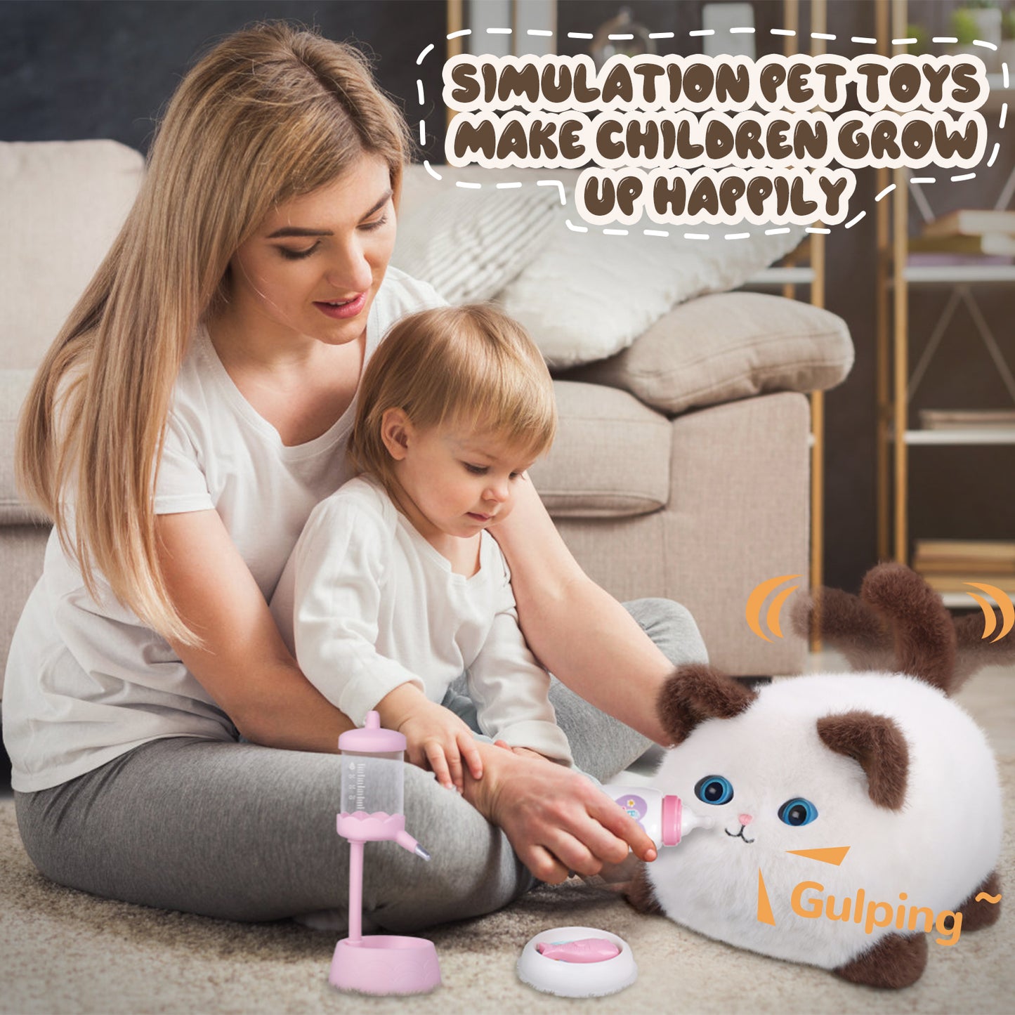 Interactive Cat Toys for Kids Aged 3-7, Plush Toy Cat That Meows, Blink and Talk, Children's Toy Pet Cat with Pet Waterer, Milk Bottle and Pet Bowl, Creative for Boys and Girls