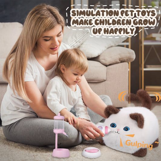 Interactive Cat Toys for Kids Aged 3-7, Plush Toy Cat That Meows, Blink and Talk, Children's Toy Pet Cat with Pet Waterer, Milk Bottle and Pet Bowl, Creative for Boys and Girls