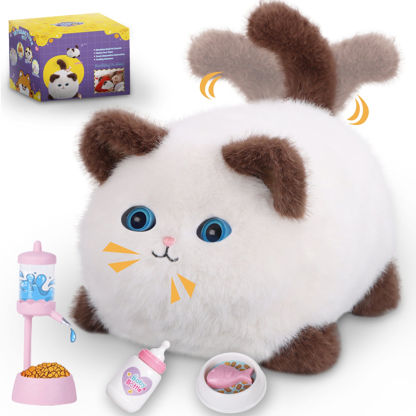 Interactive Cat Toys for Kids Aged 3-7, Plush Toy Cat That Meows, Blink and Talk, Children's Toy Pet Cat with Pet Waterer, Milk Bottle and Pet Bowl, Creative for Boys and Girls