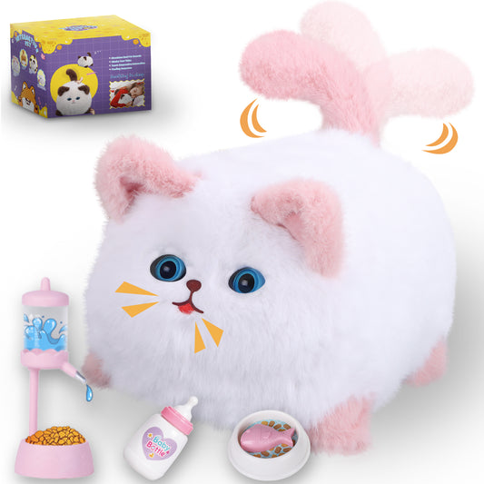 Interactive Cat Toys for Kids Aged 3-7, Plush Toy Cat That Meows, Blink and Talk, Children's Toy Pet Cat with Pet Waterer, Milk Bottle and Pet Bowl, Creative for Boys and Girls