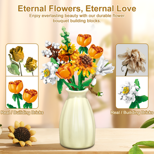 Flower Bouquet Building Block Set with Vase, Sunflower, and Rose Bouquet Construction Blocks Kits 697 Pieces, Suitable for Adults and Kids Aged 6+ Educational Toy Building Kits, Ideal Festival Gift
