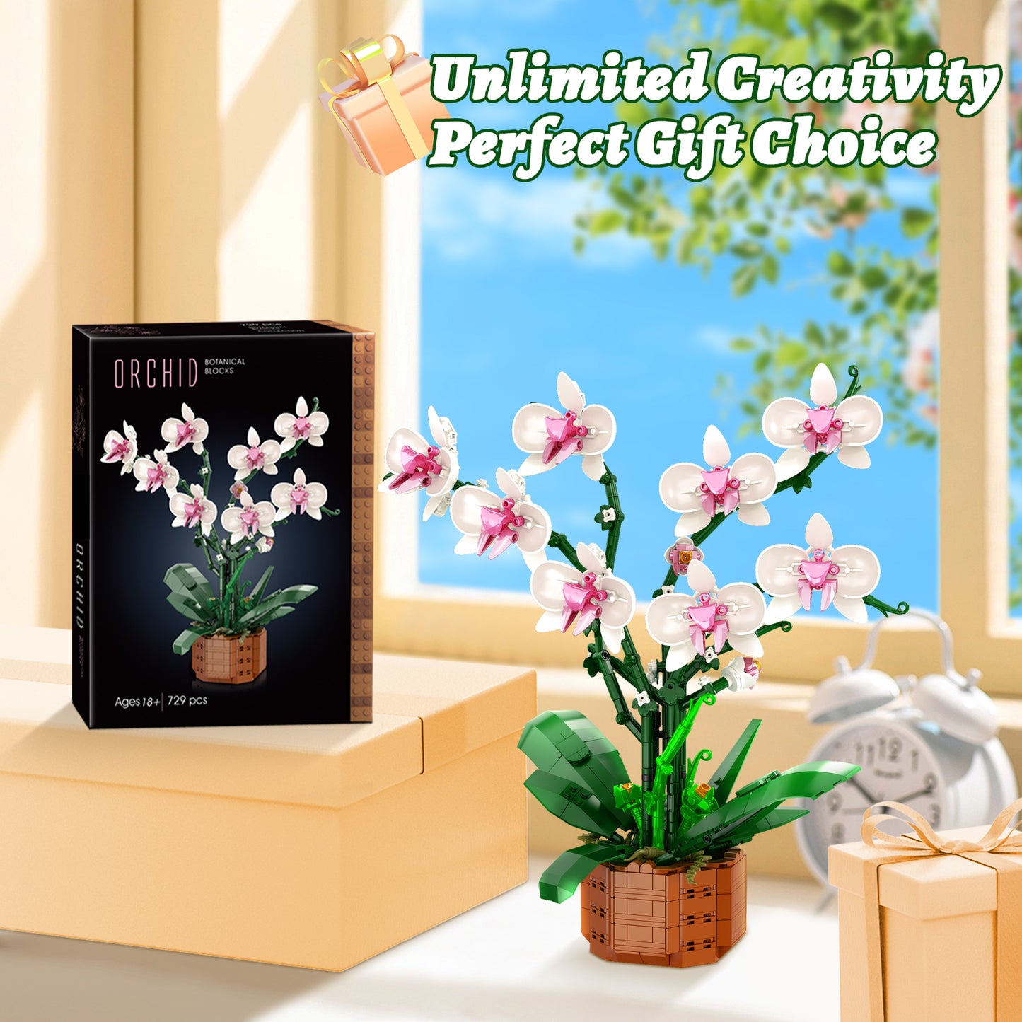 Bilinott Flower Building Blocks Set, 729 PCS Orchid Toy Building Sets with LED Light, Artificial Plant Building Blocks Kit for Ages 6+ Kids and Adults, Best Gift Idea for Building Blocks Enthusiasts