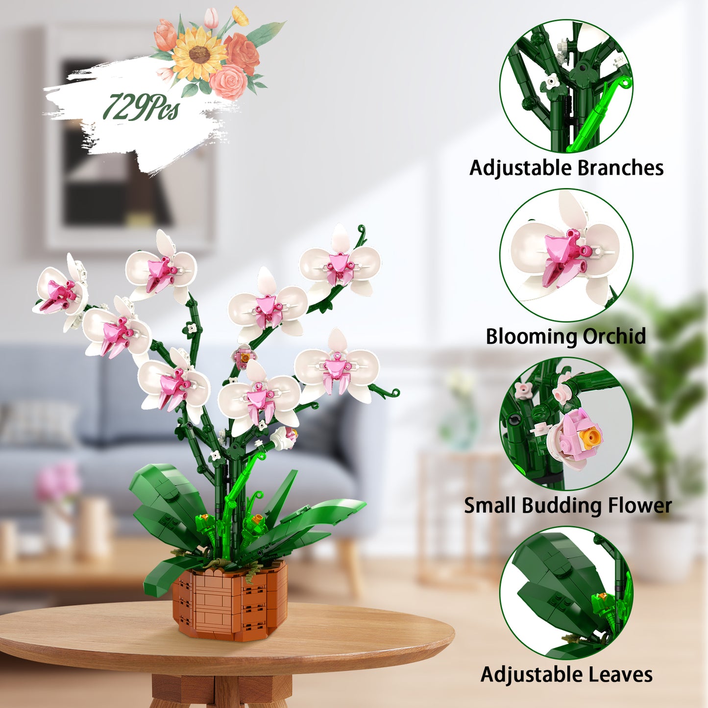 Bilinott Flower Building Blocks Set, 729 PCS Orchid Toy Building Sets with LED Light, Artificial Plant Building Blocks Kit for Ages 6+ Kids and Adults, Best Gift Idea for Building Blocks Enthusiasts