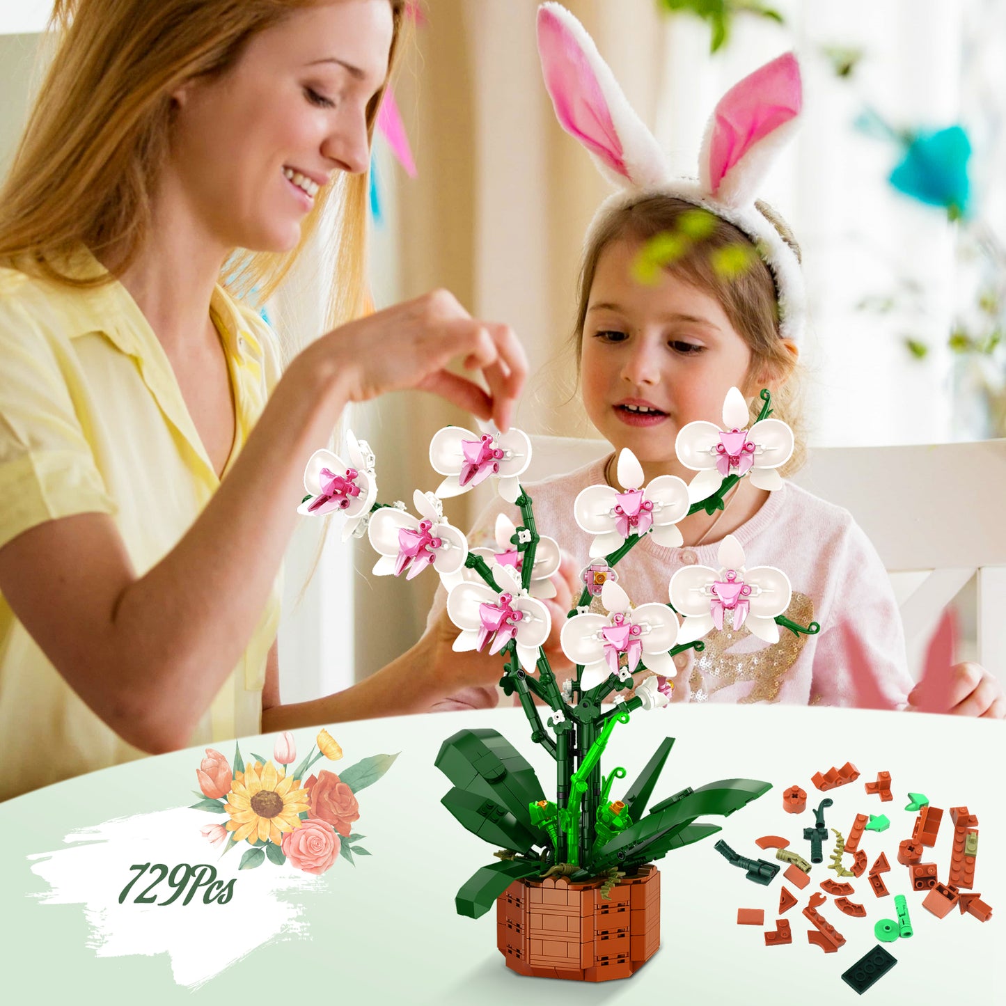 Bilinott Flower Building Blocks Set, 729 PCS Orchid Toy Building Sets with LED Light, Artificial Plant Building Blocks Kit for Ages 6+ Kids and Adults, Best Gift Idea for Building Blocks Enthusiasts