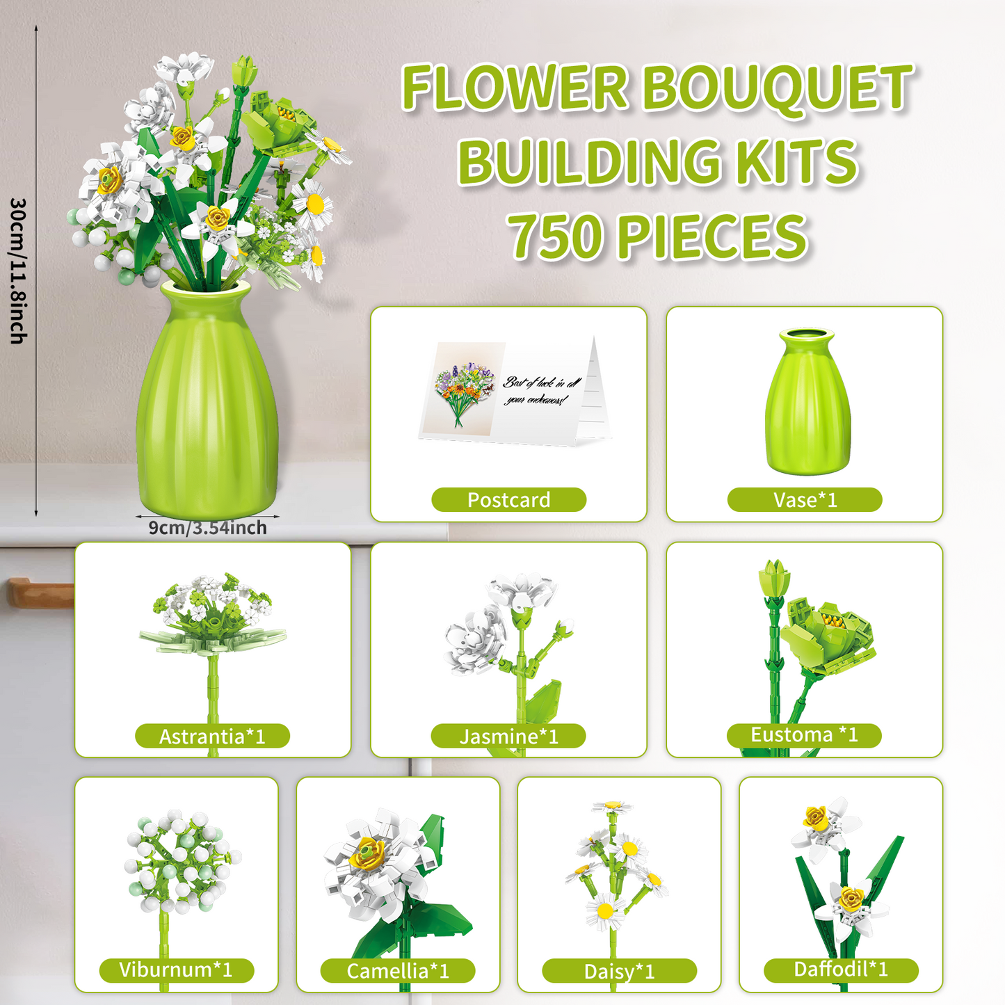 750 Pieces Wildflower Bouquet Building Block Set, Daisy, Daffodil Interlocking Blocks Set with Vase, STEM Toy Building Kits for Kids Aged 6+, Ideas Christmas, Valentine's Day