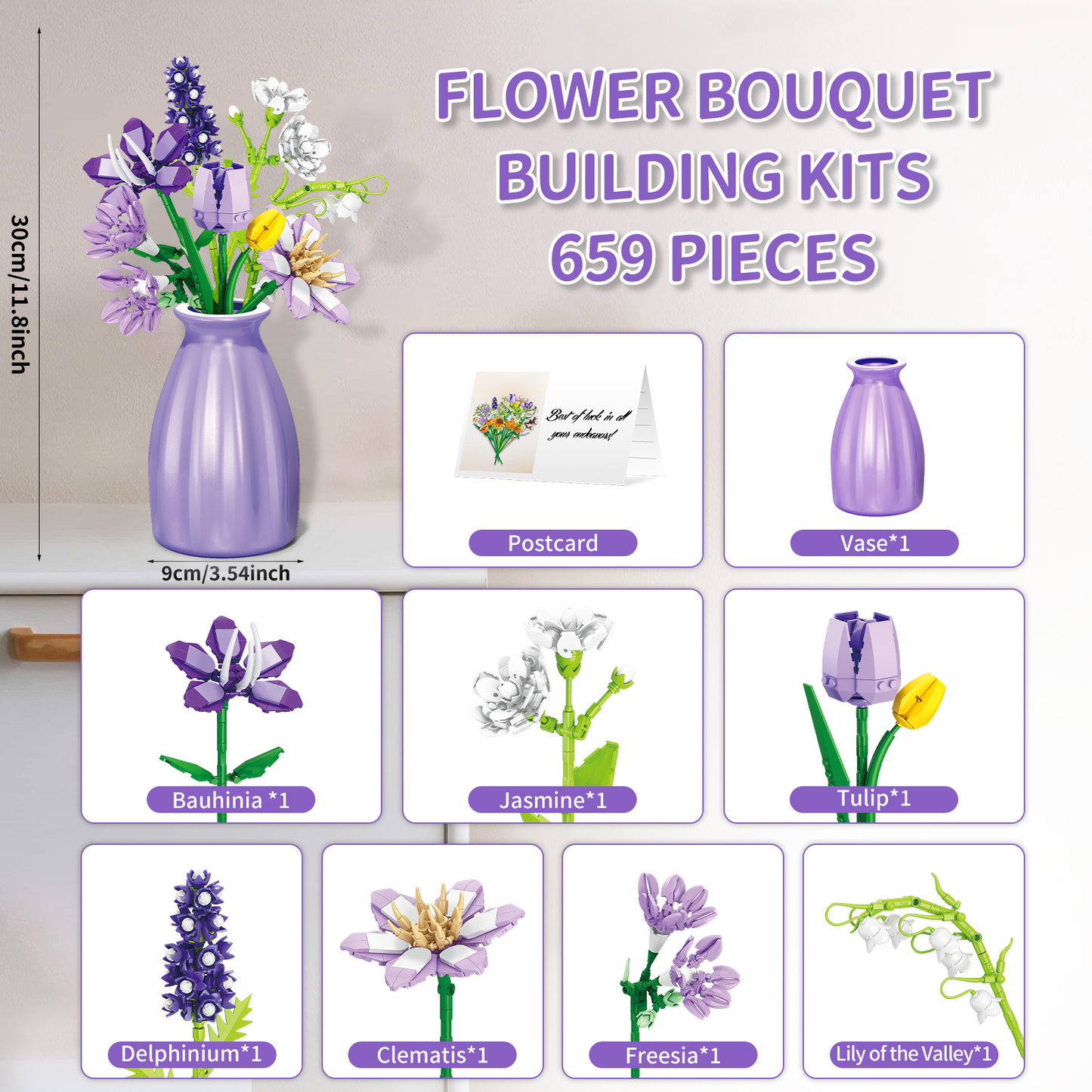 Building Toys Flowers Bouquet for Adults, 659 PCS Artificial Flower Building Blocks Set with Vase, Educational Toy Construction Blocks Kit for Kids and Adults, Ideal Christmas, Valentine's Day Gifts