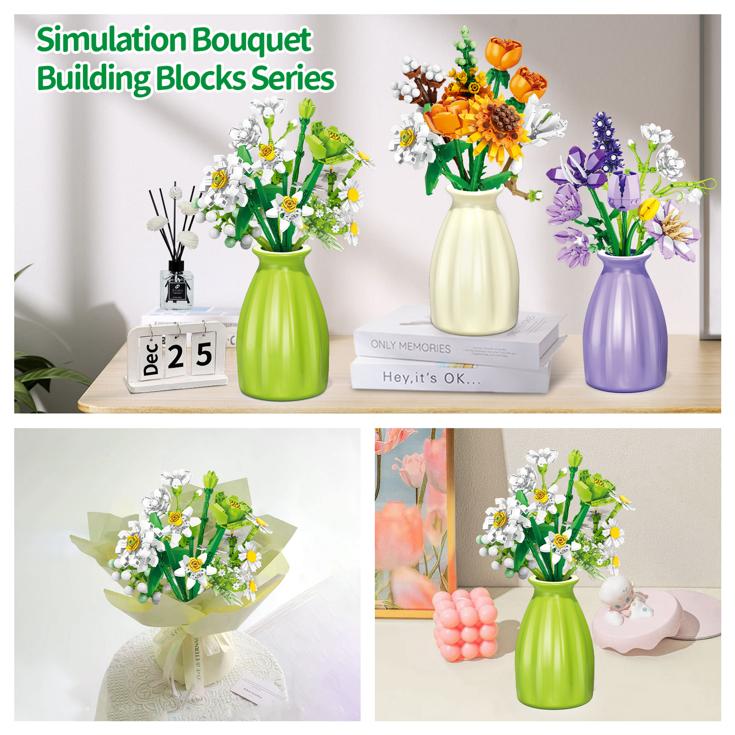 750 Pieces Wildflower Bouquet Building Block Set, Daisy, Daffodil Interlocking Blocks Set with Vase, STEM Toy Building Kits for Kids Aged 6+, Ideas Christmas, Valentine's Day