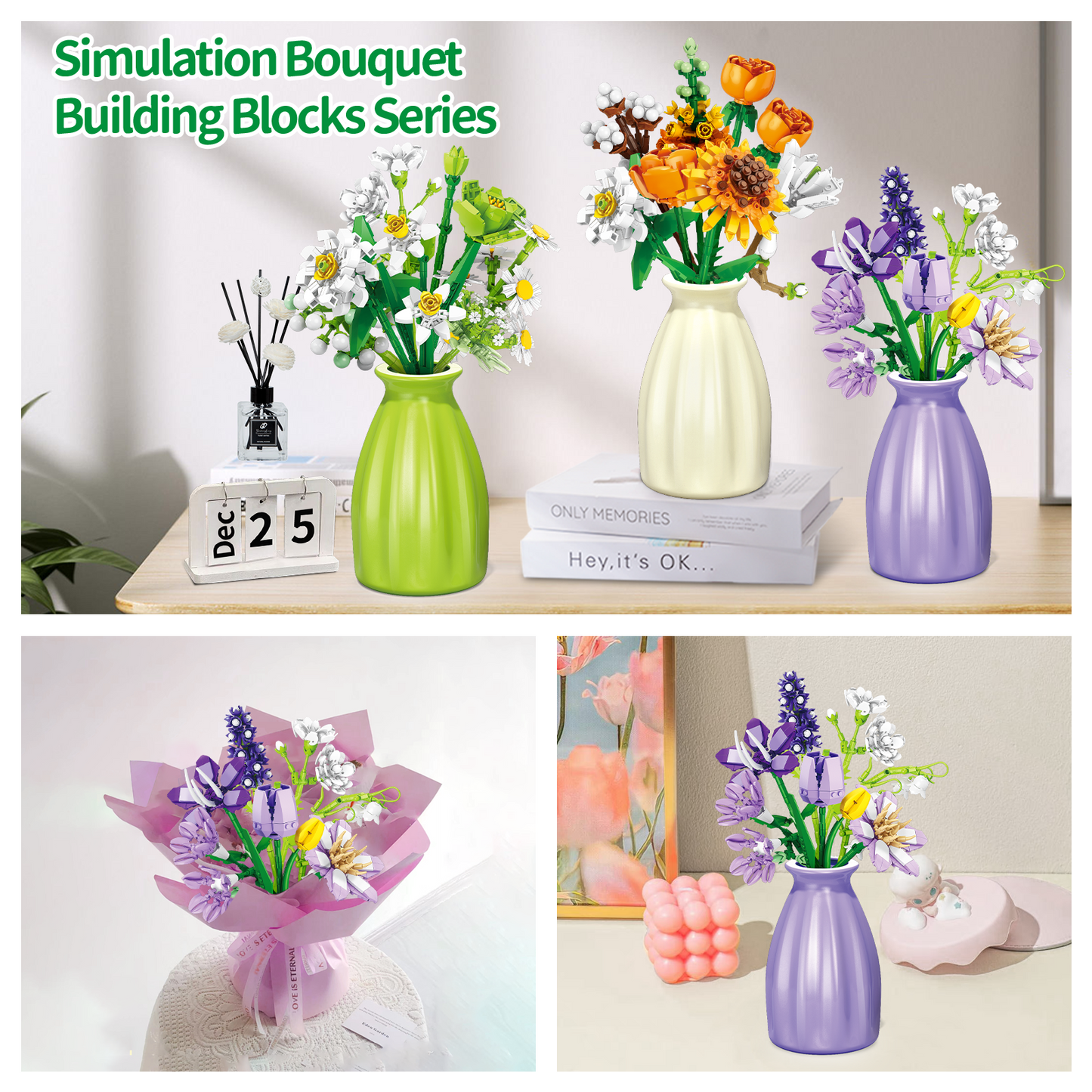 Building Toys Flowers Bouquet for Adults, 659 PCS Artificial Flower Building Blocks Set with Vase, Educational Toy Construction Blocks Kit for Kids and Adults, Ideal Christmas, Valentine's Day Gifts