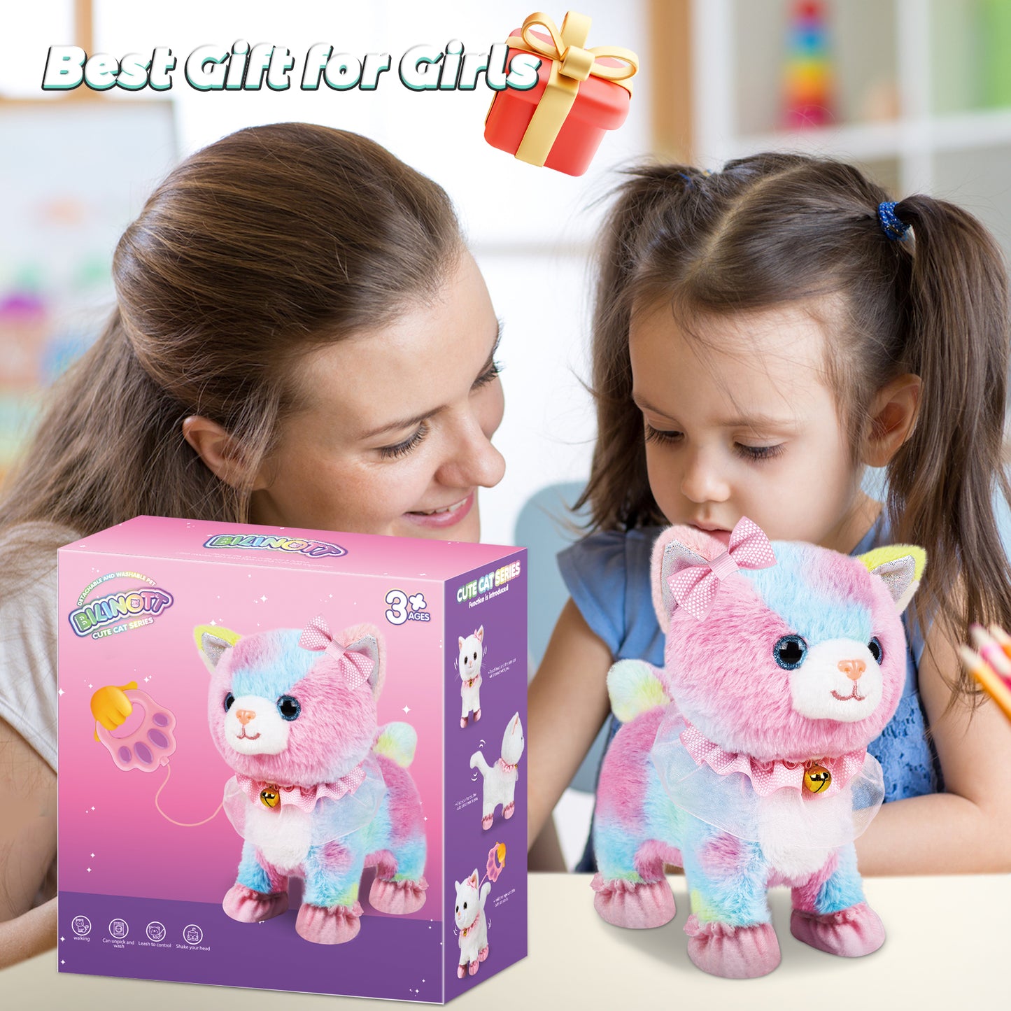 Bilinott Toy Cat for Kids, Touch and Voice Controlled Remote Control Cat with Leash, Lifelike Walking Cat Toy That Can Walk, Meow, and Wags Tail, Best Festive Gift for Boys and Girls Ages 3 4 5 6 7